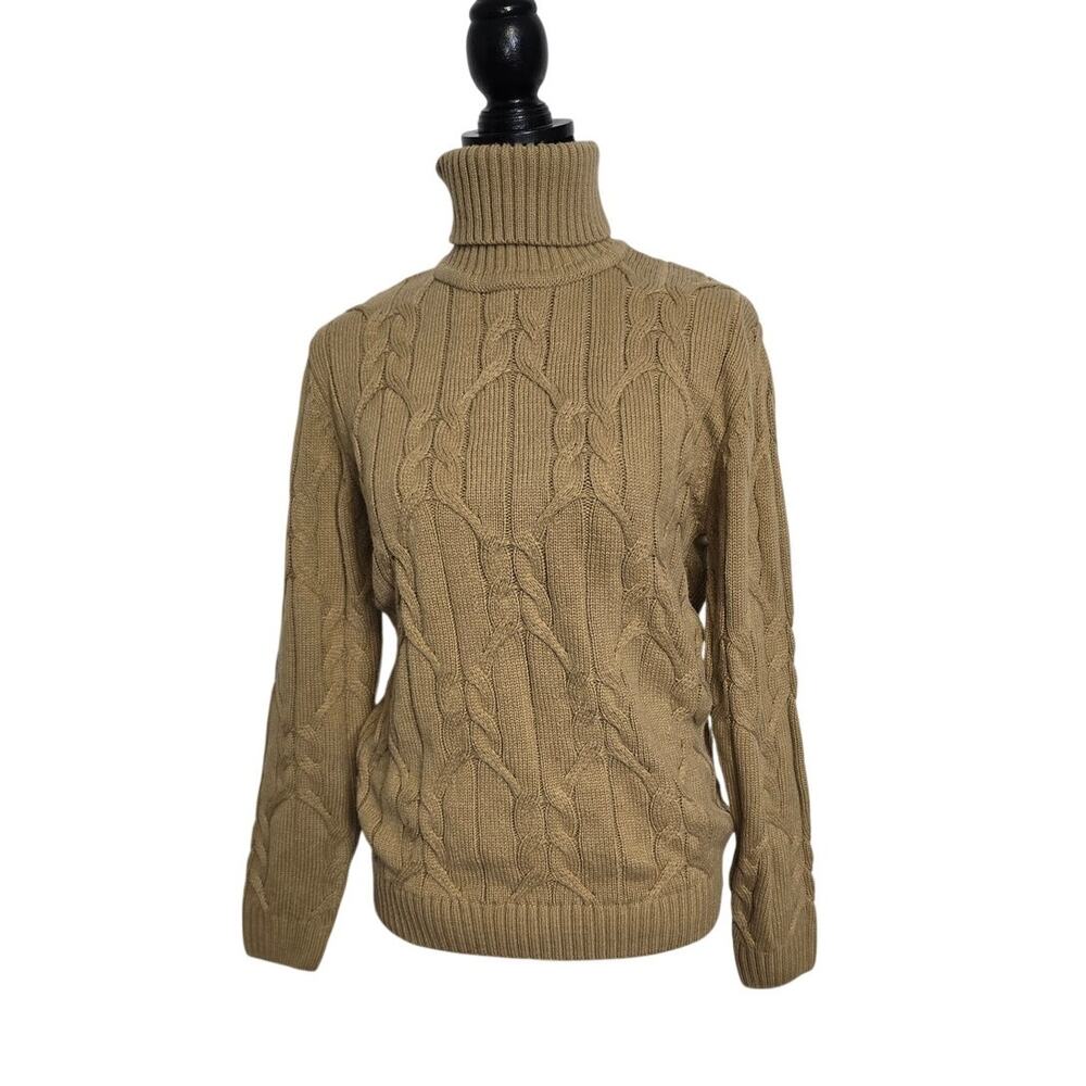 Grace Karin Small Tan Cable Knit Turtleneck Sweater Pullover Fisherman Style